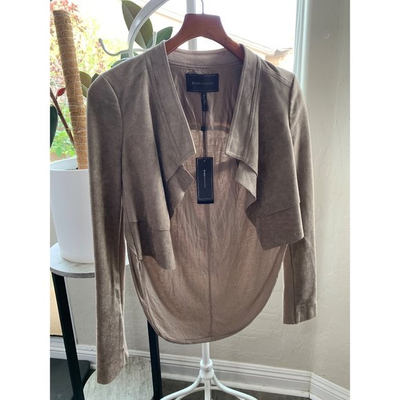 BCBG Maxazria Norton Crop Jacket Faux Suede Small Khaki Stretch $198 6756 NWT - Picture 4 of 14